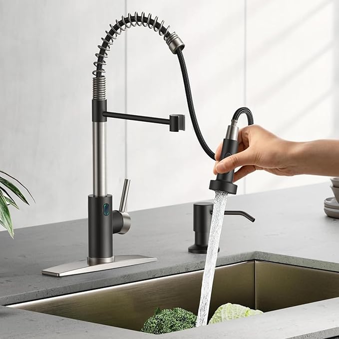 Touch-Less Kitchen Faucet, 3 Modes Pull Down Sprayer, LED Temperature Control,Ceramic Valve, 360-Degree Rotation, 1 or 3 Hole Deck Plate. 10-Year Warranty.(KW-79NR, Brushed Nickel/Black)