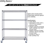 60"x18"x72" Black Premium Metal Steel Wire Shelving 4-Tier NSF 3200 LBS MAX Capacity Heavy Duty Storage Rack for Garages, Commercial Spaces, Hospitals, & Schools w/Premium Wheels