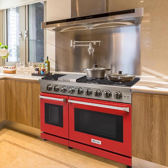 48 inch Pro-Style Natural Gas Range or Liquid Propane Gas Range with 6 Burners & 1 Griddle Cooktop, Double 4.6 cu. ft. and 2.2 cu. ft. Oven, in Stainless Steel - KOS-48RG03M (Red)