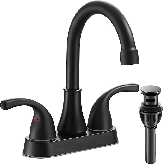 Bathroom Sink Faucet FRANSITON 4 Inch Faucet 2 Handle Bathroom Sink Faucets Lead-Free Matte Black Bath Sinks Faucets with Pop-up Drain Stopper and Supply Hoses