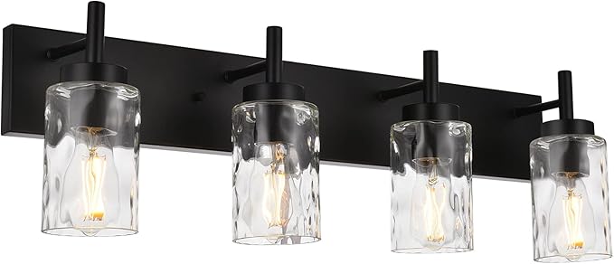 BONLICHT 4 Light Wall Vanity Bathroom Lights with Clear Hammered Glass in Black Finish,Modern Farmhouse Sconces Wall Lighting Fixtures Over Bath Makeup Mirror Industrial Wall lamp for Kitchen Hallway