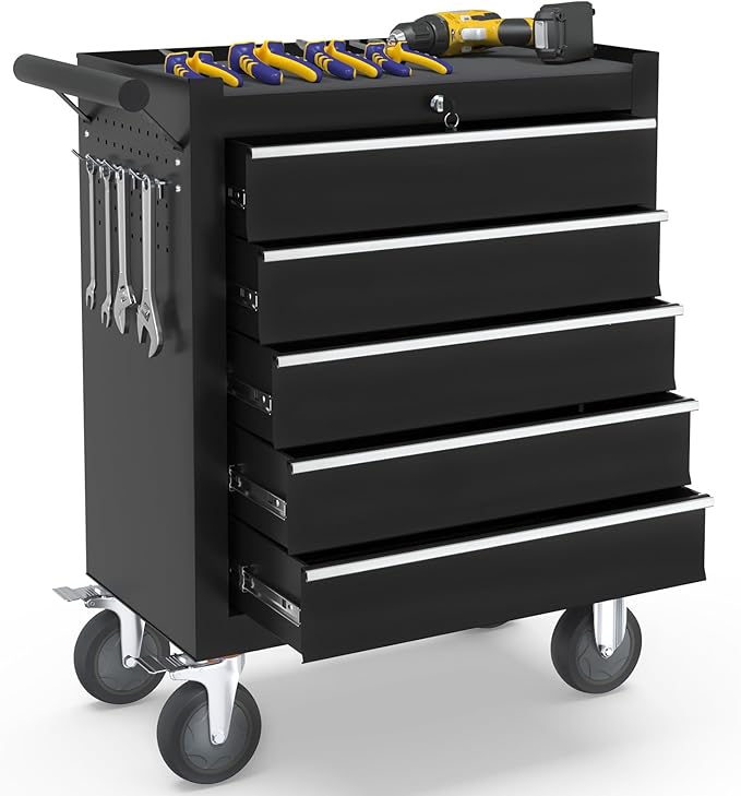 5-Drawer Rolling Tool Chest Toolbox, Rolling Tool Box with Wheels, Tool Chest with Keyed Locking System and Drawer Liners, Tool Box Organizer for Garage, Warehouse, Workshop