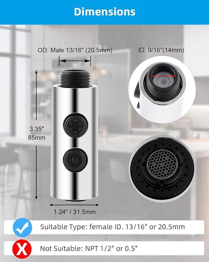 Hibbent Pull Out Sink Sprayer, 2 Function Kitchen Faucet Head, Bathroom Pull Down Spray Head with G1/2 or 13/16 Inch Male Connector, Chrome