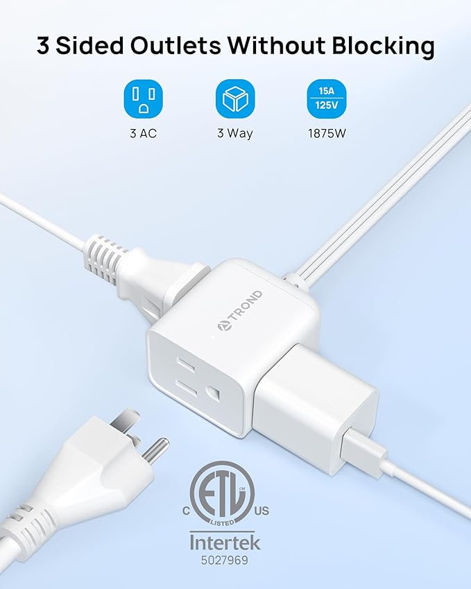 TROND Flat Outlet Extender with 6 Inch Cord for Upside Down Socket, Flat Plug Extension Outlet Splitter Adapter, Electrical 3 Way Wall Plug Extender for Cruise Travel Home Office Dorm Room, White