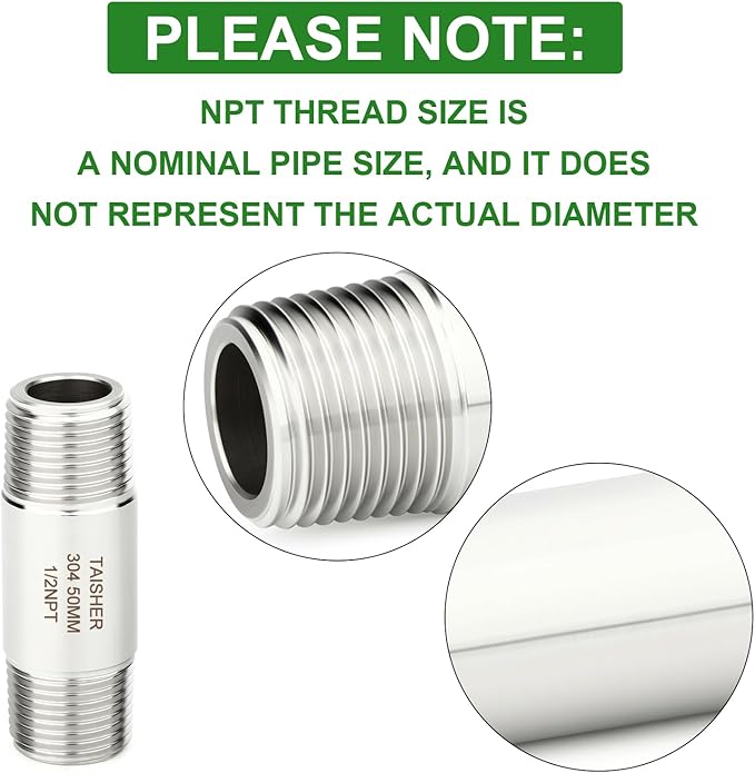 TAISHER 2PCS Stainless Steel Pipe Fittings, 1/2" NPT Male x 1/2" NPT Male Threaded, 2" Length Thickened Nipple Cast Pipe