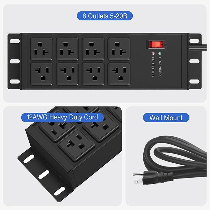 CCCEI Black Heavy Duty Power Strip Surge Protector 20 AMP, 8 Outlets 12 Gauge Industrial Shop Garage Metal Multiple Outlets, 20 FT Extension Cord 5-15P Adapter High Amp 6-20R T-Slot 20a for Appliance