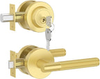 Asidrama Premium Brushed Gold Zinc-Alloy Front Door Lock Set: Double Cylinder Deadbolt, Heavy Duty Security Handleset for Left/Right Exterior Doors, Universal Entry Locks (2 Pack)