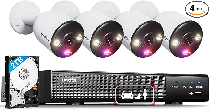 LongPlus Smart 4K 8CH Home Security Camera System, 4Pcs Wired PoE IP Cameras System Outdoor with Person/Pet/Vehicle Detection, 12MP 8CH NVR with 2TB HDD for 24-7 Recording, LP8ME84B1
