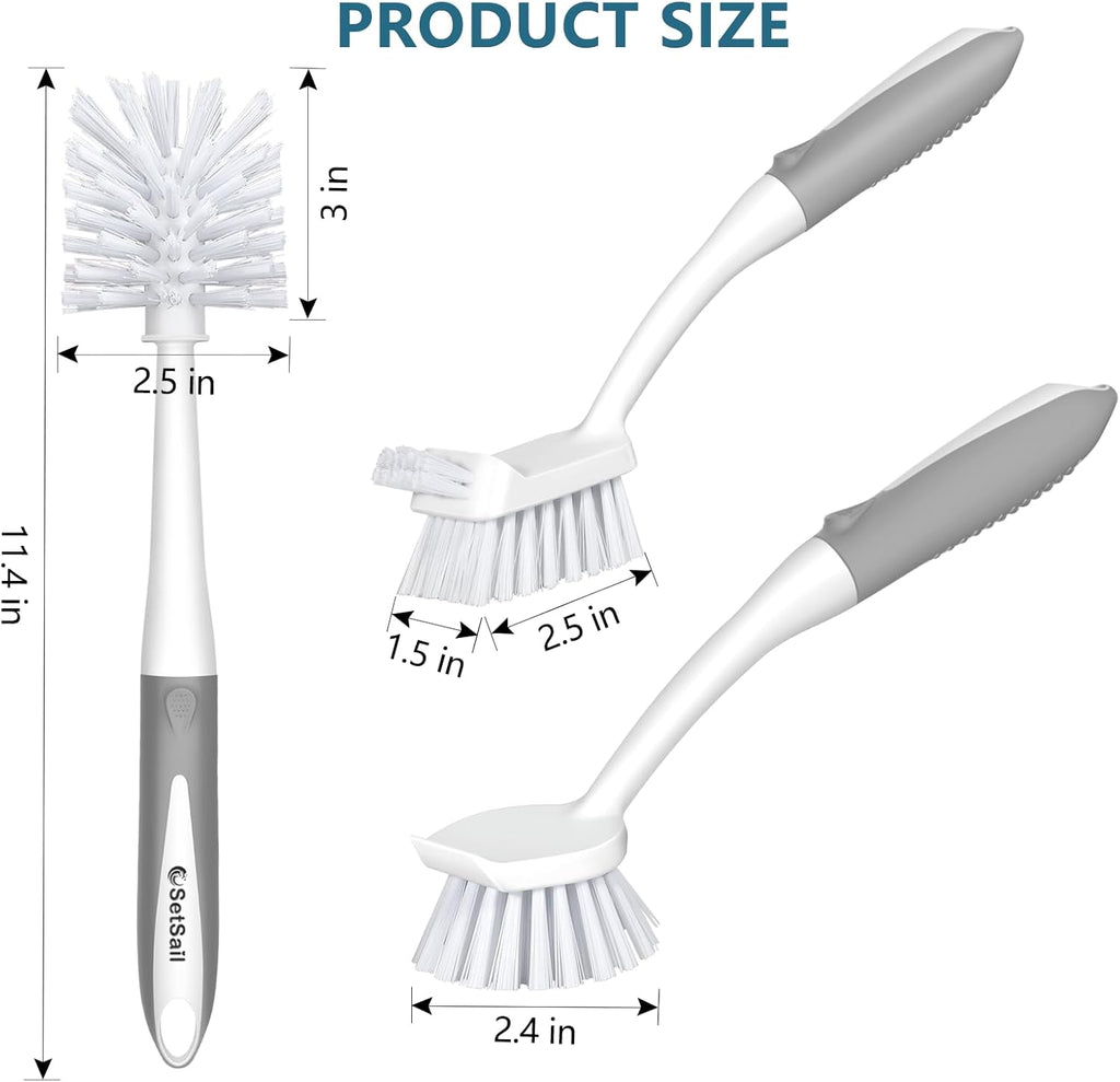 SetSail Dish Brush Set of 3 Piece, Dish Scrub Brush with Long Handle Deep Cleaning Brush with Scraper Tip for Kitchen Dishes Bottle Cup Pot Pan, Grey