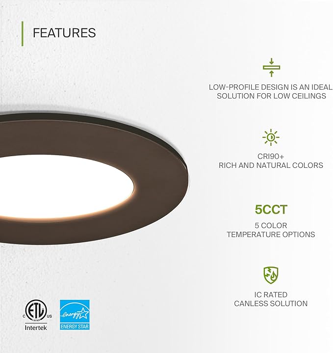 ASD 6 Pack 3 Inch LED Recessed Light 6W, 5 CCT 2700K-5000K CRI90+, IC Rated Ultra Thin Dimmable Ceiling Lights with J Box, Canless Wafer Downlight, Round Slim Panel Lighting, Energy Star ETL, Bronze