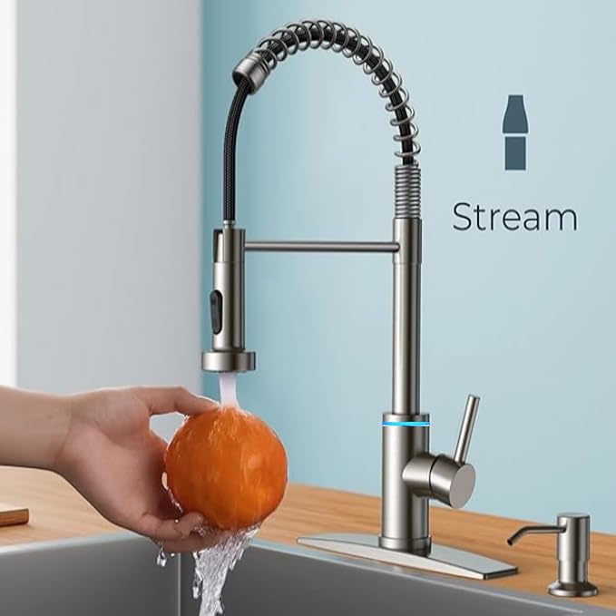 Smart Kitchen Faucet, 3 Modes Pull Down Sprayer, Touch On Sensor Activated, LED Temperature Control, 360-Degree Rotation, 1 or 3 Hole Deck Plate. 10-Year Warranty. (KW-66SN, Brushed Nickel)