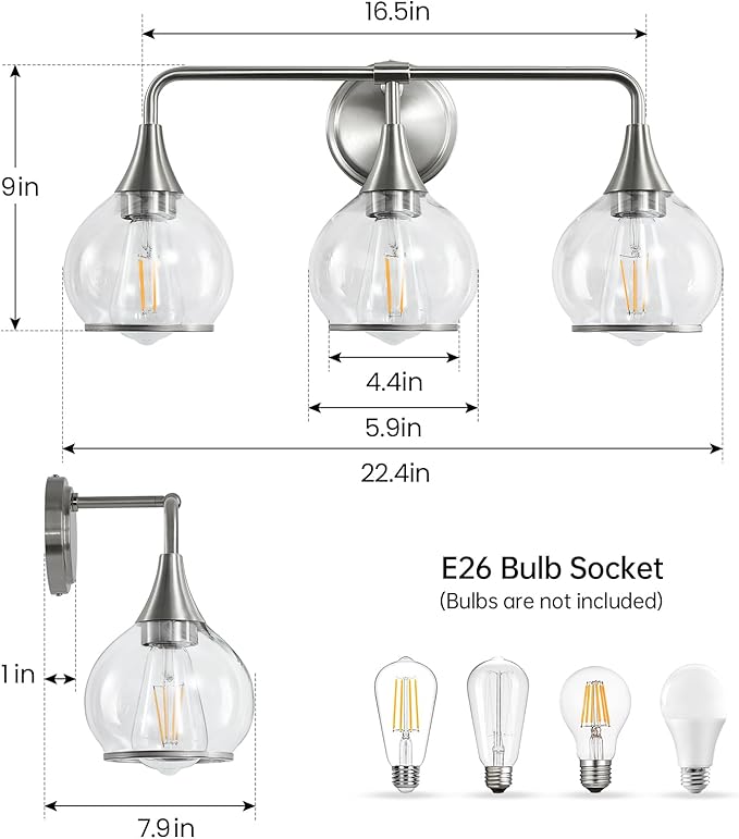 Brushed Nickel Bathroom Vanity Light 3 Lights Bathroom Light Fixtures Over Mirror with Clear Glass Shade 22.4 inch Wall Sconces Lighting Bath(Exclude E26 Bulb)