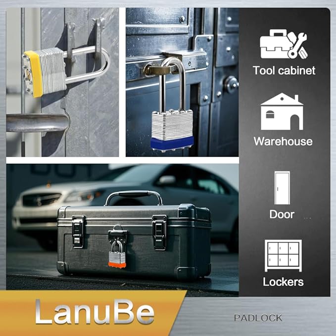 Lanube Lock 12-Pack Laminated Keyed Padlock Set 3 Colors, 2 Short 2 Long Shackles per Color,The Same Color and Shackles Combination. Open with The Same Key.6 Independent Combinations.