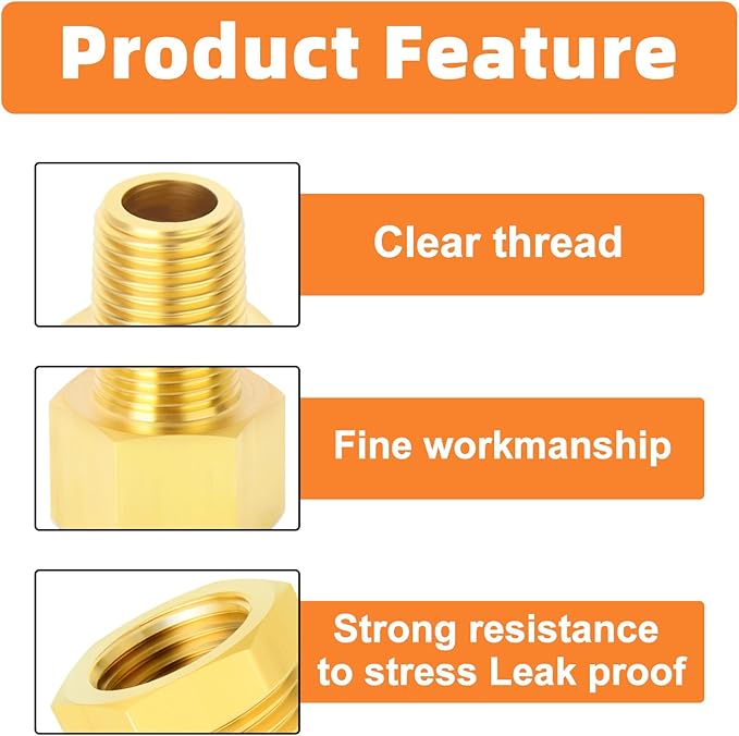 GASHER 6PCS Brass Pipe Fitting, Hex Bushing, Reducer Adapter, Reducing Hex Nipple 1/2 Inch NPT x 1/4 Inch NPT