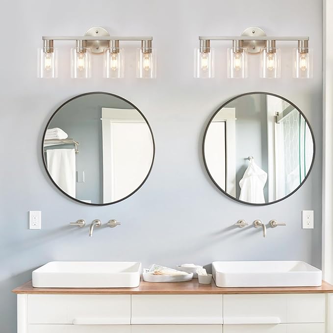 4 Light Bathroom Vanity Light, Brushed Nickel 4-Light Bathroom Light Fixtures, Vanity Lights for Make-Up Mirror, Modern Lighting Fixtures with Clear Glass Shade for Bedroom Living Room