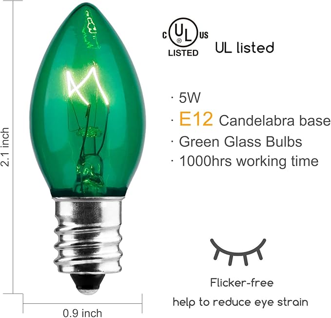 50-Pack C7 Replacement Christmas Light Bulbs, C7/E12 Commercial Grade Vintage Incandescent Light Bulbs for Outdoor Indoor Christmas String Lights, Holiday Parties, Yard Decorations, 5 Watt, Green