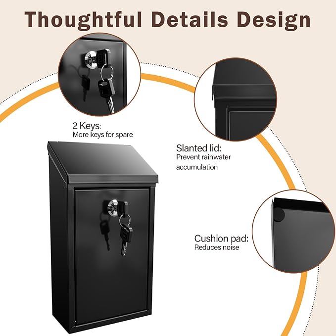 Locking Mailbox with Key for Outdoor 6 x 3.4 x 10.6 Inches Small Wall Mount Mail Box with Lock Security Mail Drop Metal Collection Boxes Hanging Secure Postbox Black