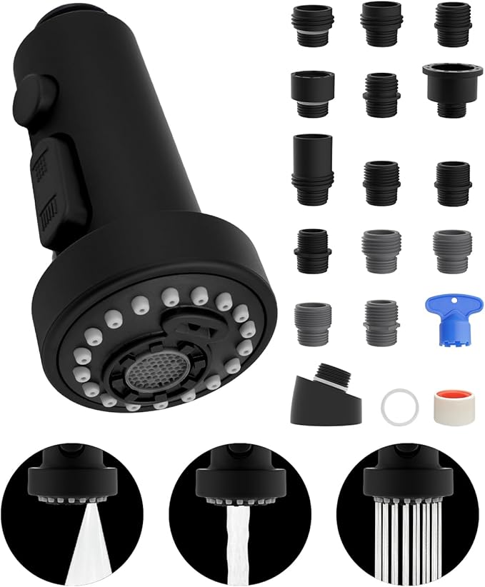 Hibbent Pull Down Kitchen Faucet Head Replacement, 3 Function Sink Faucet Sprayer Head Nozzle with 15 Adapters, Compatible with Moen, American Standard, Delta, Kohler Faucets, Matte Black