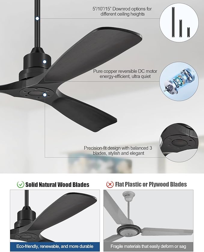 52 Inch Ceiling Fans Without Lights, Outdoor Ceiling Fan No Light, 3 Wood Blades, 3 Downrods, Timer, 6 Speeds Modern Ceiling Fan with Remote Reversible DC Motor for Patios, Matte Black