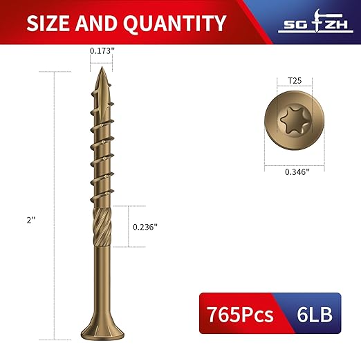 #8 x 2 Inch Deck Screws (765Pcs) 6lb. Carbon Steel, Yellow, Flat Head, Rust Resistant epoxy Coated, with T25 Star Bit