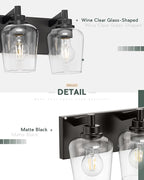 Bathroom Light Fixtures, 3-Light Modern Vanity Light with Clear Glass Wine Glass-Shaped Shade, Vanity Lighting Fixtures Over Mirror, Matte Black, VL155-MB-3