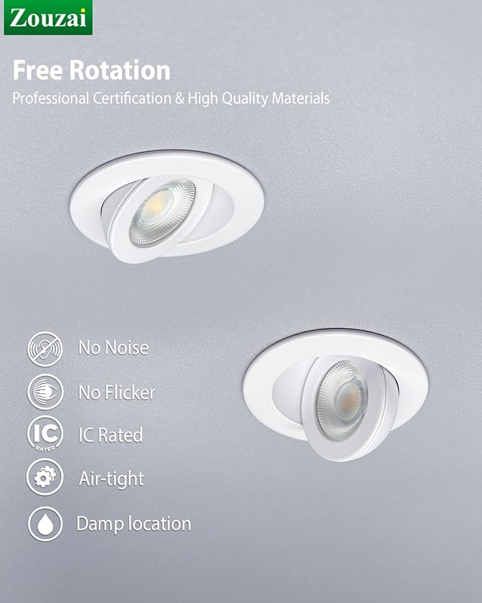 zouzai 2 Inch 5CCT Gimbal Led Recessed Lighting with Junction Box, 360°+90° Adjustable Recessed Can Lights, 2700K/3000K/3500K/4000K/5000K Selectable, 5W Eqv 50W, 550LM Brightness - ETL (White,6 Pack)
