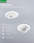 zouzai 2 Inch 5CCT Gimbal Led Recessed Lighting with Junction Box, 360°+90° Adjustable Recessed Can Lights, 2700K/3000K/3500K/4000K/5000K Selectable, 5W Eqv 50W, 550LM Brightness - ETL (White,6 Pack)