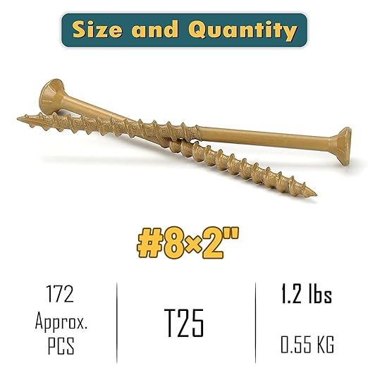 WELLOCKS Deck Screws, Wood Screws, Tan, Superior Rust Resistant, Epoxy Coated, Above 1000 Hour Salt Spray Coating T25 Torx Star Bit Included for Outdoor Wood Fence (1.2LBS Tan, #8×2")