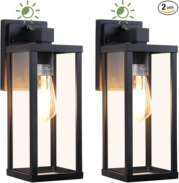 LITFIT 2-Pack Dusk to Dawn Outdoor Wall Light Fixtures, 14'' Die-Casting Aluminum Outside Garage Wall Sconce, Hardwired Porch & Patio Lights, Minimalist Matte Black, Bulbs Not Included