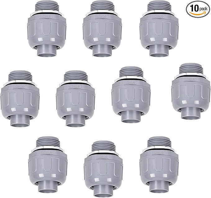 Liquid Tight Connector 3/4 in - Non-Metallic Electrical Conduit Fittings, UL Listed PVC Conduit Fitting (Straight, 10 Pack), Gray