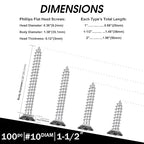 Black Head 100 PCS #10X1-1/2"(1.5 inch) Stainless Steel Phillips Flat Head Wood Screws,Stainless Steel 18-8 A2(304) Screw,Home Screw Kit by QISHENG