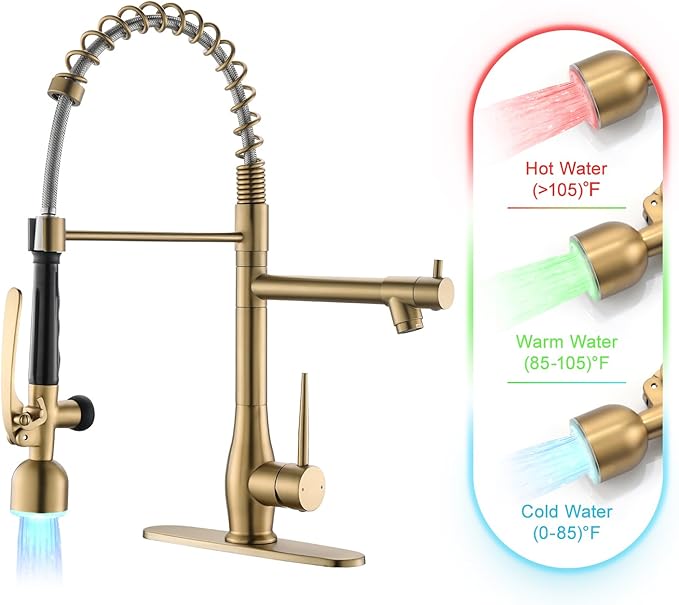 GIMILI Gold Kitchen Faucet with LED Single Handle Kitchen Sink Faucet with Pull Down Sprayer Commercial Double-Headed Stainless Steel Kitchen Faucets Sink with Deck Plate