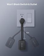 TROND 360° Rotating Flat Plug Outlet Extender with 6 Inch Extension Cord, Small Surge Protector Outlet, 900 Joules, No Blocking 3 Way Plug for Indoor Home Office Travel Dorm Room Tight Spaces, Black