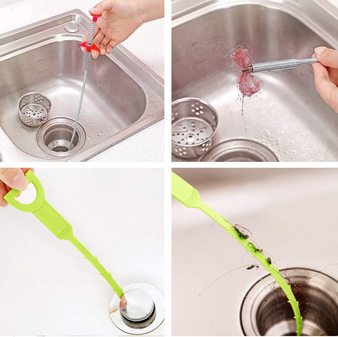 Omont Snake Drain Hair Clog Remover Tool,34 Inch Stainless Steel Claw and 3 Pack 19. 7 Inch Plastic Sink Unclogger Tool, Sink Drain Cleaner for Kitchen, Sink Bathroom, Tub Toilet Green (3+1)