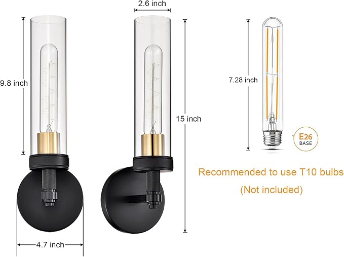 Black Wall Sconces Set of Two,Knurled Texture Modern Wall Sconce,Tube Clear Glass Matte Black Vanity Light,Industrial Bathroom Sconces Wall Lighting,Wall Lights for Bedroom,Living Room,Hallway