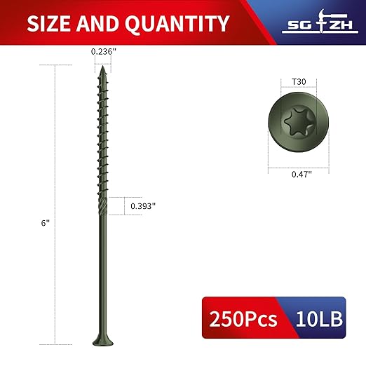 #14 x 6 Inch Deck Screws (250Pcs) 10lb. Carbon Steel, Green, Flat Head, Rust Resistant epoxy Coated, with T30 Star Bit