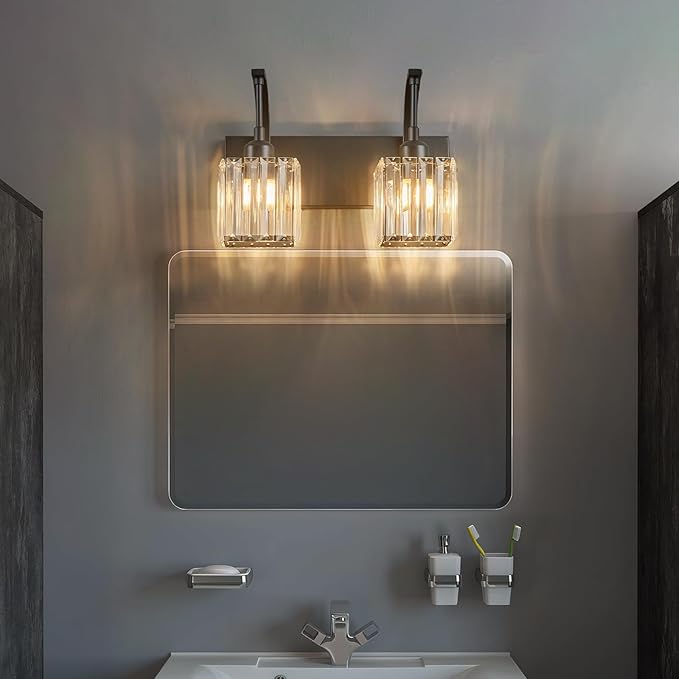 Crystal Vanity Lights 2-Light Black Wall Lamp Modern Crystal Bathroom Light Fixtures Over Mirror 13.77" Long Bathroom Wall Sconce