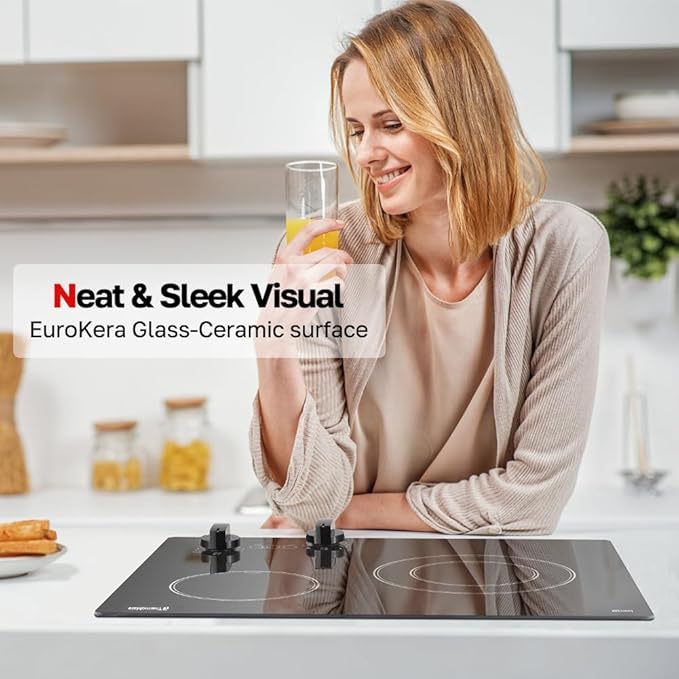 Apartment Electric Cooktop, ThermoMate 21 Inch Built-in Radiant Electric Stove Top, 3700W Ceramic Stove Top with 2 Burners, UL Certified, Knob Control, 240V