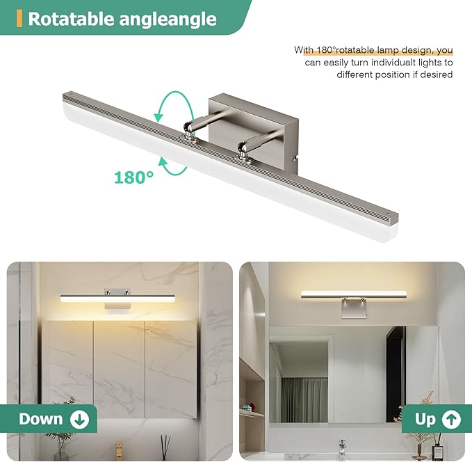 Brushed Nickel Vanity Light 24", 5CCT Dimmable LED Bathroom Light Bar, 18W Wall Mount Fixture with Adjustable Angle & ETL Driver – Modern Lighting for Bathroom, Powder Room, Bedroom