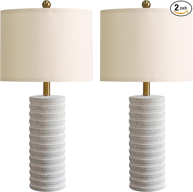 PoKat 27" Stone-Like Farmhouse Ceramic Table Lamps Set of 2 for Bedroom, Rustic Nightstands Lamps for Night Stands, Distressed Neutral Bedside Lamps with Natural Textured for Living Room, Home Decor