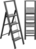Step Ladder 4 Step Folding, Decorative - Beautiful Gray Wood & Black Aluminum, Ultra Slim Profile, Anti Slip Steps, Sturdy-Portable for Home, Office, Kitchen, Photography Use,by SORFEY