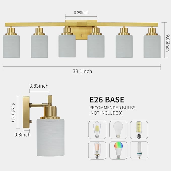 6 Light Gold Bathroom Vanity Light, Gold Bathroom Light Fixtures, 38" Modern Brushed Gold Vanity Lighting Fixtures for Bathroom Over Mirror, Gold Sconces Wall Lighting for Bedroom Living Room