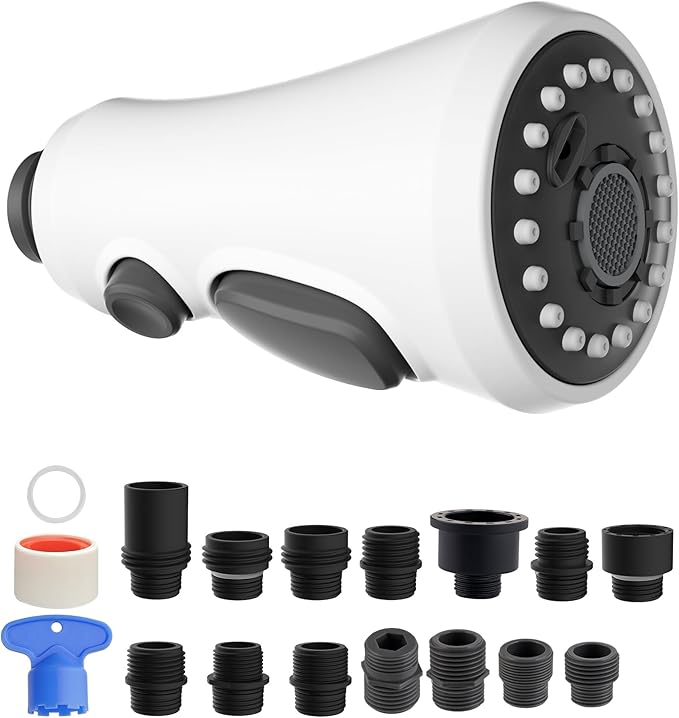 Hibbent Pull Down Spray Head for Kitchen Faucet, NSF/ANSI/CAN 61 & CUPC Certified 3-Function Spray Nozzle, 14 Adapters, Sink Faucet Head Replacement Compatible with Moen, Delta, Kohler, White