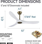 52" 3 Blade Ceiling Fan Without Light, Farmhouse Rustic Wooden Flush Mount Ceiling Fan no Light with Remote for Indoor/Outdoor - High End Silent Operation, White & Gold, 52 Inch