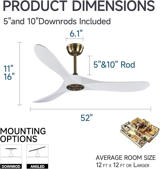 52" 3 Blade Ceiling Fan Without Light, Farmhouse Rustic Wooden Flush Mount Ceiling Fan no Light with Remote for Indoor/Outdoor - High End Silent Operation, White & Gold, 52 Inch