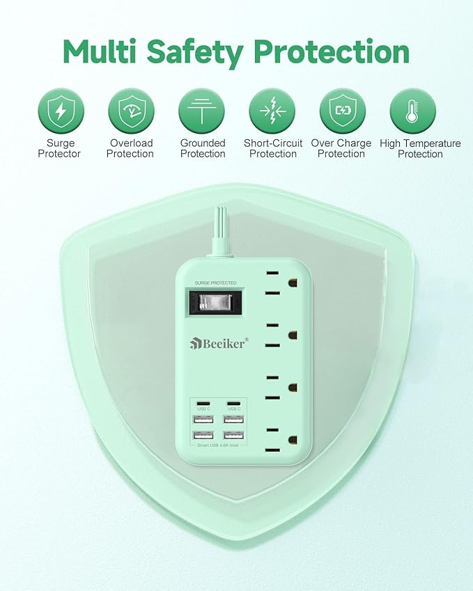6 USB Green Travel Power Strip- 5Ft Green Extension Cord with 4.8A 2 USB C Charging Station and 4 Outlets, Cute Desk Accessories with Switch for Kawaii Pink Home Office College Dorm Room 24W