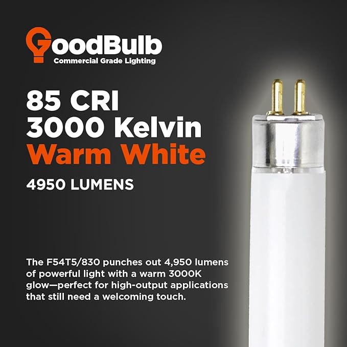 GoodBulb F54T5/830/ECO 54W 46 Inch T5 Fluorescent Light Bulb, 3000K Warm White Medium Bi-Pin Base, 4950 Lumens 85 CRI 36000 Life Hours, Instant/Programmed Start (40 Pack)