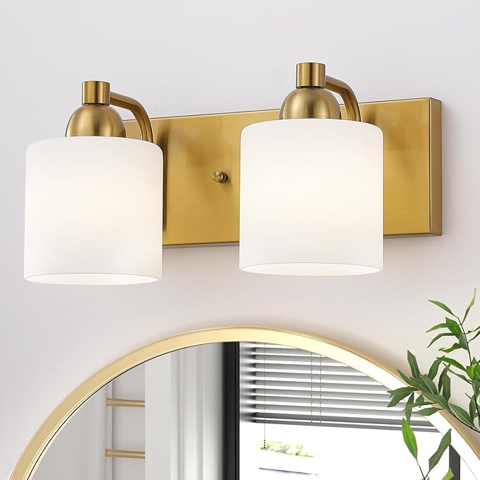Stainless Steel Milk Glass Vanity Lights for Bathroom, 2 Light Gold Bathroom Light Fixtures Over Mirror, Ceramic E26 Sockets Wall Mounted