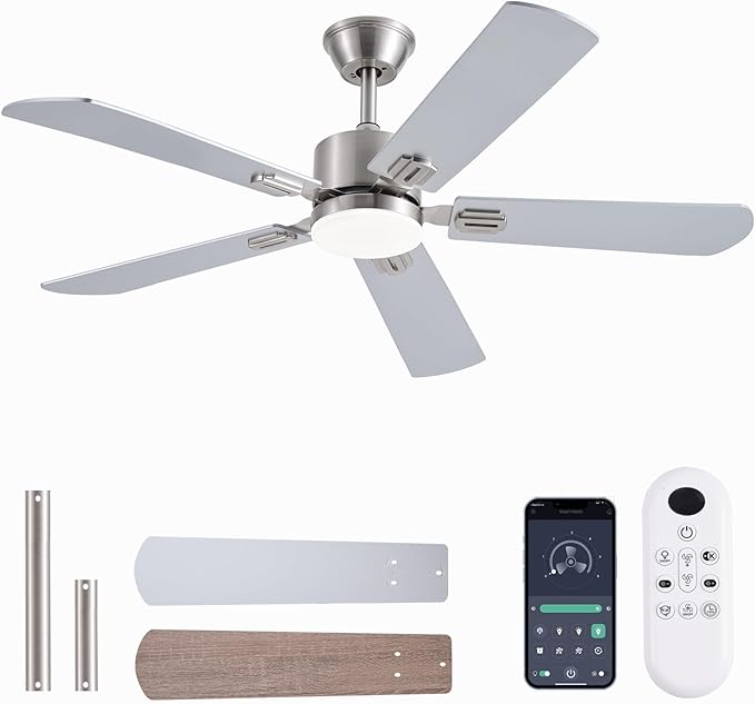 52inch Ceiling Fans with Lights and Remote/App Control, Double-Side Blades, Dimmable LED, Reversible DC Motor, Noiseless, Modern Low Profile Ceiling Fan for Indoor/Outdoor Use (Nickel)