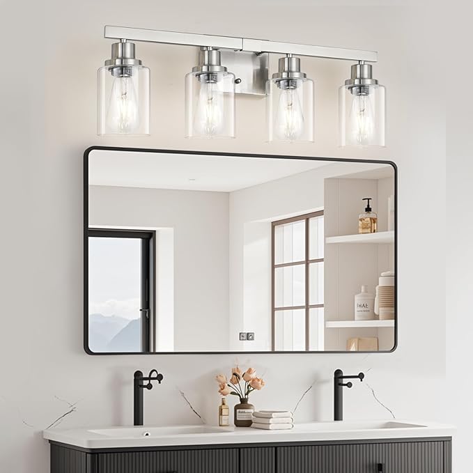 Bathroom Vanity Light, 4-Light Nickel Modern Matte Wall Sconce Lighting with Clear Glass Shade, Wall Lights,Bath Vintage Wall Mounted Lamps for Mirror Bedroom Living Room